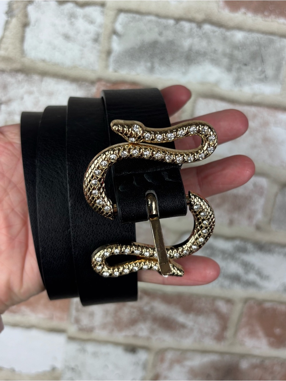 Snake Rhinestone Buckle Belt Black Faux Leather 40” Long S/M